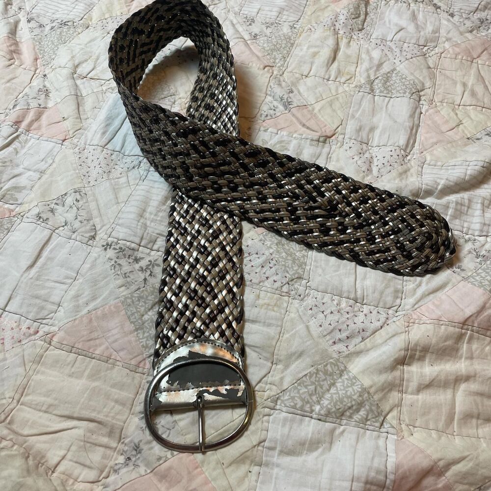 y2k silver metallic cyber grunge boho braided belt with large circle buckle